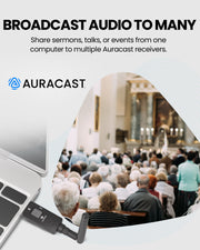 DG60 Aura USB-A Auracast Venue Transmitter for PC, long range, broadcast audio to many auracast headphones, hearing aids, receivers.