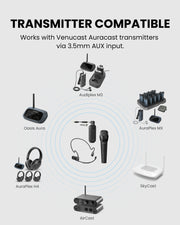 FreeMic Duo wireless headset and handheld microphone for speakers and mixers,  for teaching and small events. Compatible with Venucast Auracast transmitters via 3.5 mm AUX input.