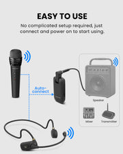 FreeMic Duo wireless headset and handheld microphone for speakers and mixers, with easy setup simply connect and power on to use.