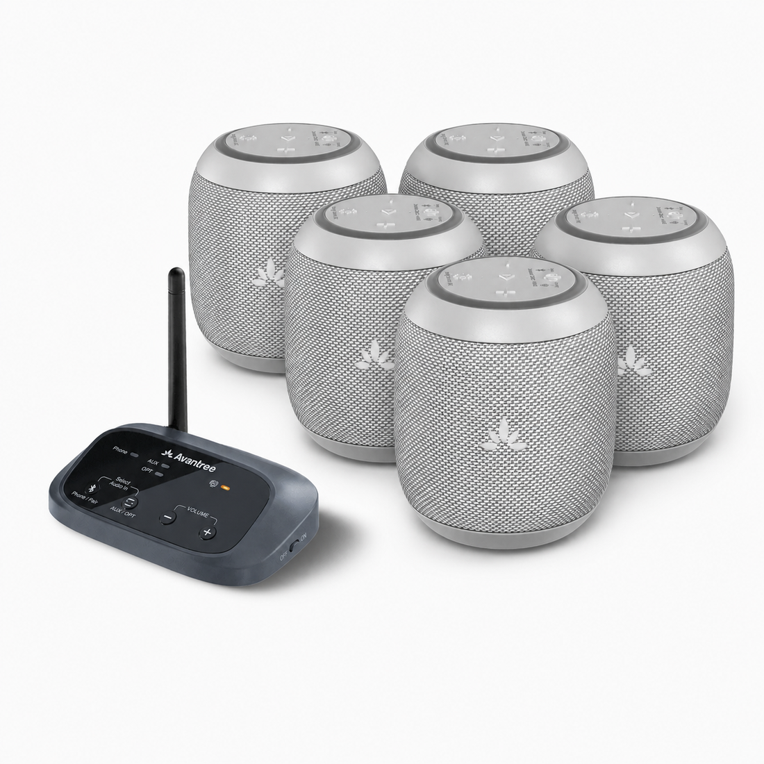 Harmony A0 Auracast multi-room speaker system with Oasis Aura transmitter and five gray wireless speakers.