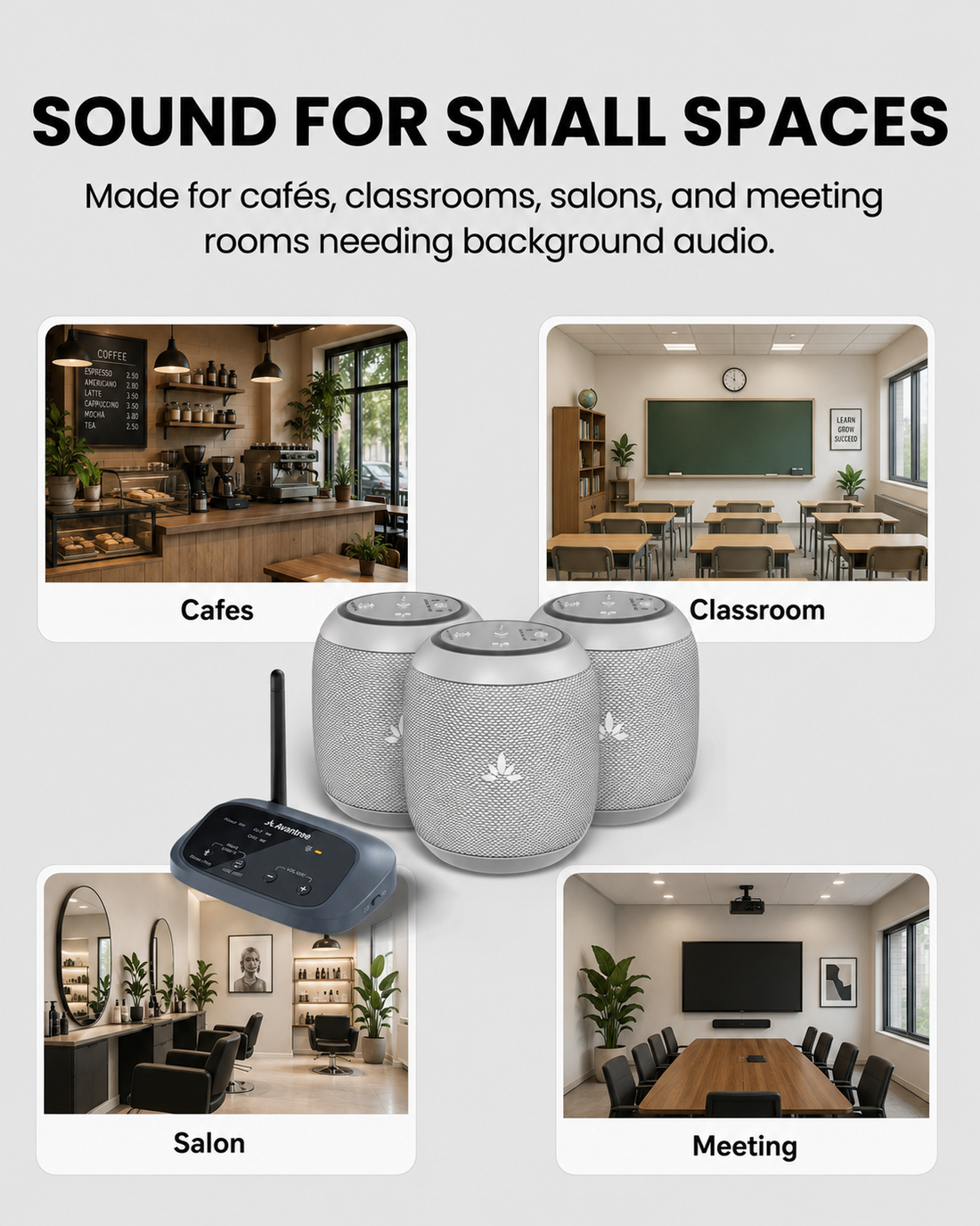 Harmony A0 multi-room background music for homes, cafés, salons, clinics and small commercial spaces.