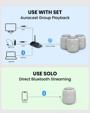 Harmony A0 Auracast Bluetooth 5.4 Venue Transmitter with 3 synchronized speakers for restaurants, cafés, and venues, supporting multi-speaker Auracast or direct single Bluetooth streaming.