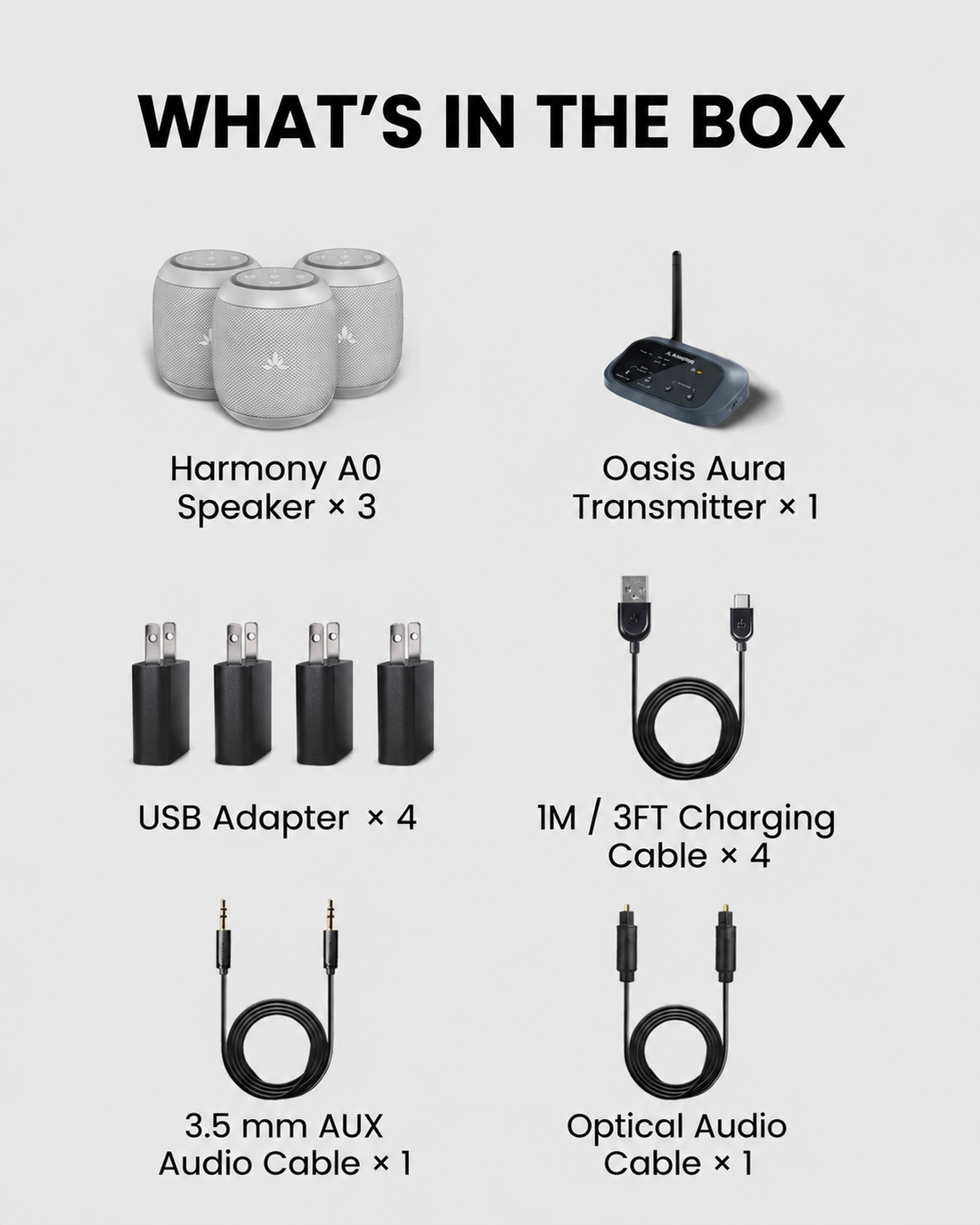 Harmony A0 Auracast Bluetooth 5.4 Venue Transmitter with 3 synchronized speakers for restaurants, cafés, and venues, including 1 Oasis Aura transmitter, 3 Harmony Lite speakers, and accessories.