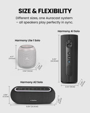 Harmony Speakers Auracast Bluetooth 5.4 transmitter with 3 synchronized speakers, expandable wireless audio system for restaurants, cafés, meeting rooms, and venues, offering different sizes with synchronized playback.