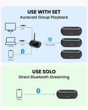 Harmony A2 Auracast Multi-Room Speaker System, offers up to 100m/328ft Auracast range and 15m/50ft Bluetooth range, usable independently or with a phone.