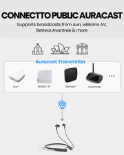 Loop Auracast TV Earbuds with clear dialogue and easy charging dock, compatible with public Auracast broadcasts from Auri, Williams AV, Bettear, Avantree, and more.