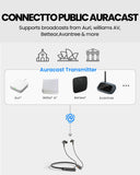Loop Auracast TV Earbuds with clear dialogue and easy charging dock, compatible with public Auracast broadcasts from Auri, Williams AV, Bettear, Avantree, and more.