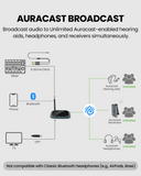 Oasis Aura Auracast Transmitter for churches and venues, with optical, 3.5 mm AUX, and Bluetooth input, broadcast audio to unlimited auracast enabled hearing aids, headphones, and speakers.