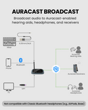 Oasis Aura 
Auracast transmitter for Church, Public events and home TV setups. 
Supports Optical, 3.5 mm AUX, or Bluetooth audio input, functioning as an Auracast audio adapter to broadcast Auracast audio to Auracast-enabled devices, including hearing aids, headphones, and speakers.
