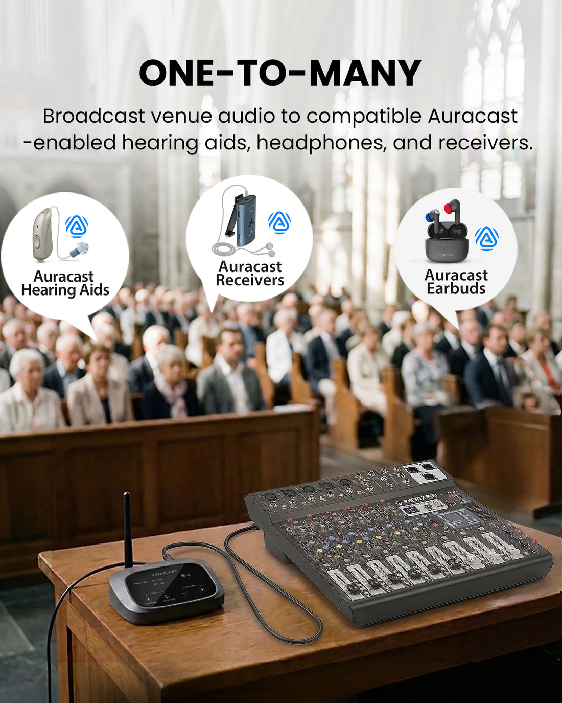 Oasis Aura Auracast Transmitter broadcasts audio to Auracast hearing aids, headphones, and speakers.