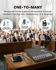Oasis Aura Auracast Transmitter broadcasts audio to Auracast hearing aids, headphones, and speakers.