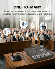 Oasis Aura Auracast Venue Transmitter for churches and venues, supporting group listening, compatible with mixers, Auracast-enabled hearing aids, headphones, and speakers.