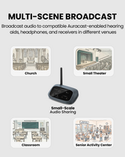 Oasis Aura Auracast Venue Transmitter for for churches, classrooms, senior centers, and events. Compatible with Auracast-enabled hearing aids, headphones, and speakers for group listening
