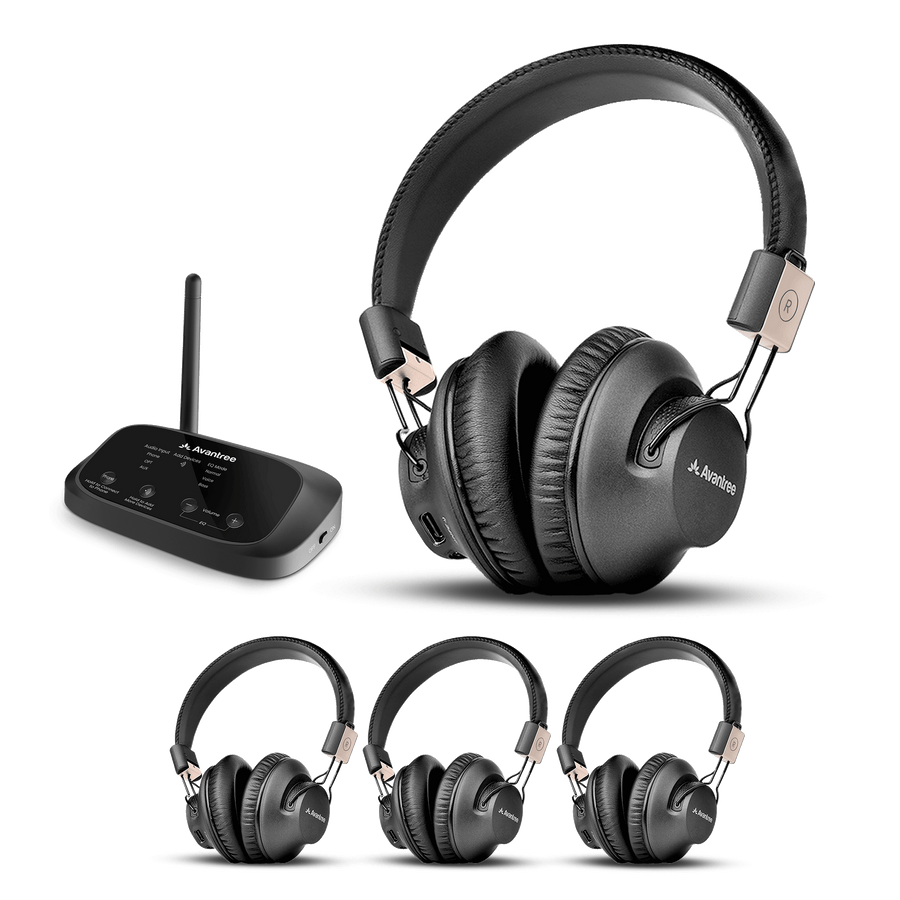 Quartet 2 2.4G Wireless Group Listening Headphones Set for TV, movie, music, or live audio to 4 headphones, ideal for families, home theater, classrooms, or church.