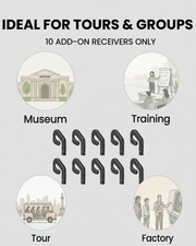 Ten AudiTour add-on open-ear receivers for museums, training, tours, and factories