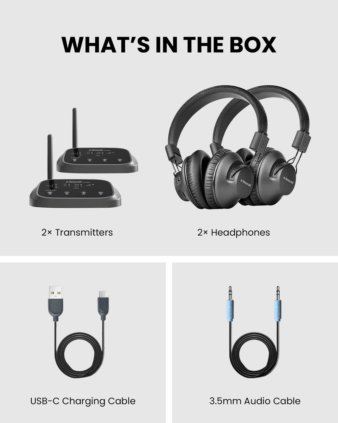 Shift Pro Multi-Channel Audio System for Schools and Shared Spaces, includes two transmitters, two headphones, charging, and 3.5mm audio cables.