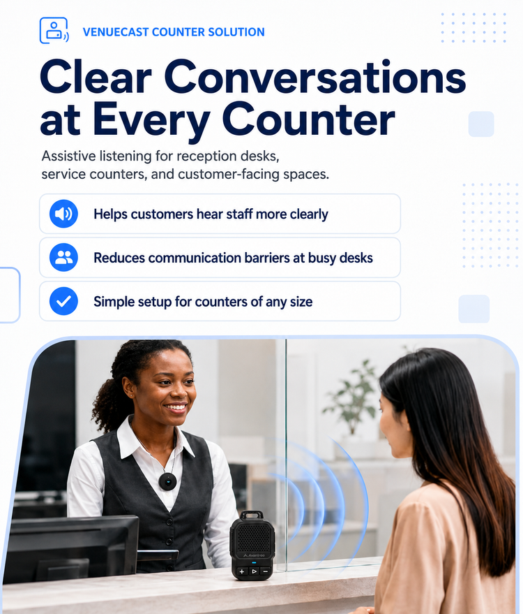 CounterTalk Venue Auracast Mic and Speaker Kit Clear Staff-to-Customer Communication. Clear voice amplification for busy counters
