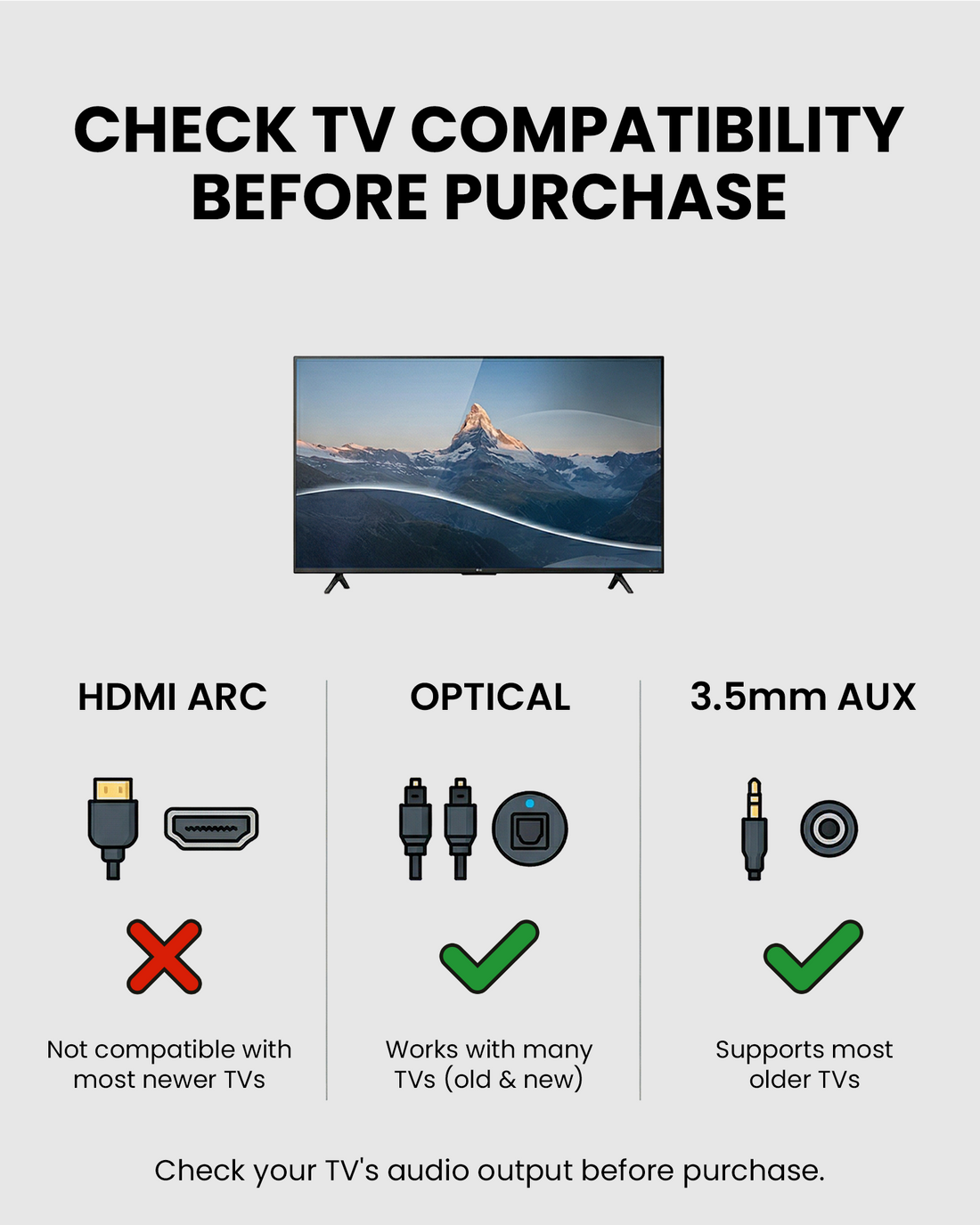 Wireless TV transmitter ideal for seniors and shared spaces, compatible with TVs optical or 3.5 mm AUX output; not compatible with HDMI ports.