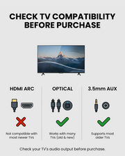 Wireless TV transmitter ideal for seniors and shared spaces, compatible with TVs optical or 3.5 mm AUX output; not compatible with HDMI ports.