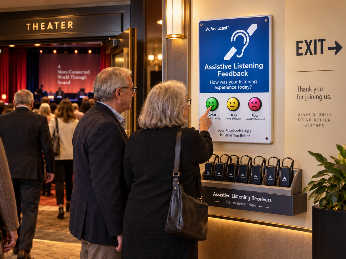 Guests using the VenuCast assistive listening feedback station near a theater exit