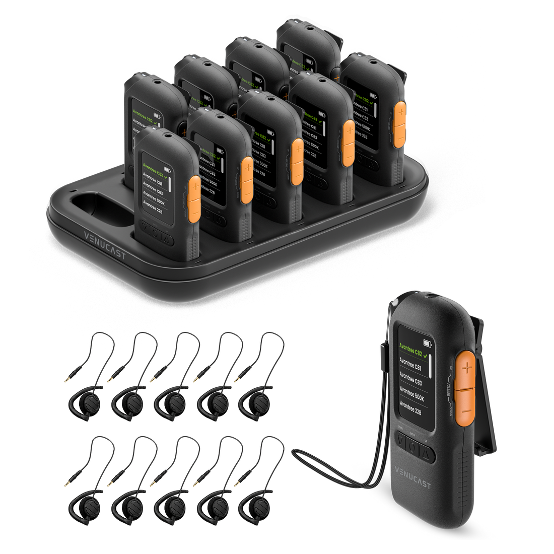AuraView 10-Pack Auracast Receiver System with Charging Dock and OLED Display for churches and venues, supports 3.5mm AUX headphones, earbuds, headsets, and T-Coil neckloops.