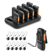 AuraView 10-Pack Auracast Receiver System with Charging Dock and OLED Display for churches and venues, supports 3.5mm AUX headphones, earbuds, headsets, and T-Coil neckloops.