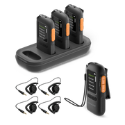 AuraView Auracast Receiver System 4-Pack with Charging Dock, OLED Display. Compatible 3.5mm jack for wired headphones, earbuds, headsets, and T-Coil neckloops.
