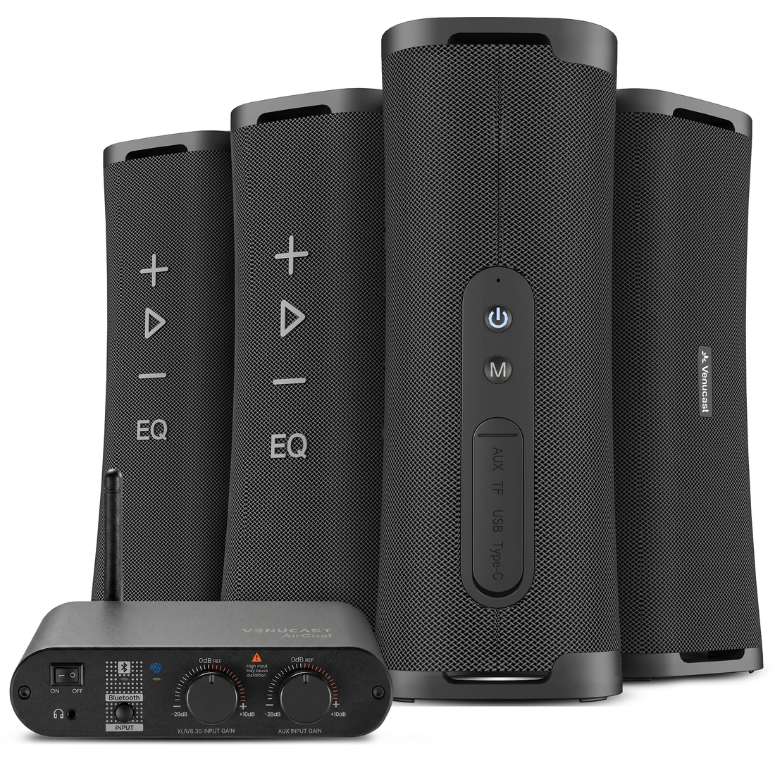Harmony A4 wireless multi-speaker system with AirCast transmitter and four 50W Harmony A4 Solo speakers