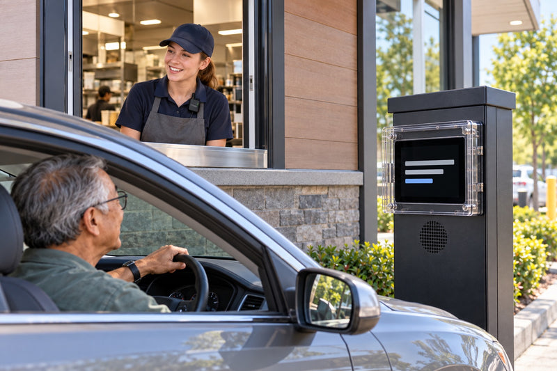 Drive-through customer using an outdoor caption display