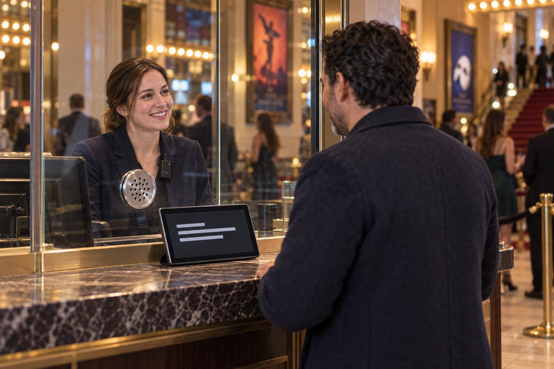 Customer using live captions at a service counter