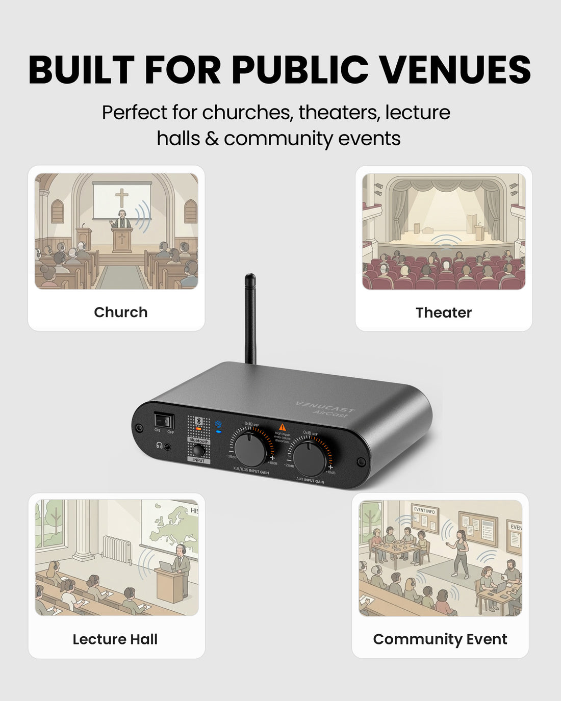 AirCast Long-Range Professional Venue Auracast Transmitter for Hearing Aids, ideal for churches, lecture halls, theater, community events