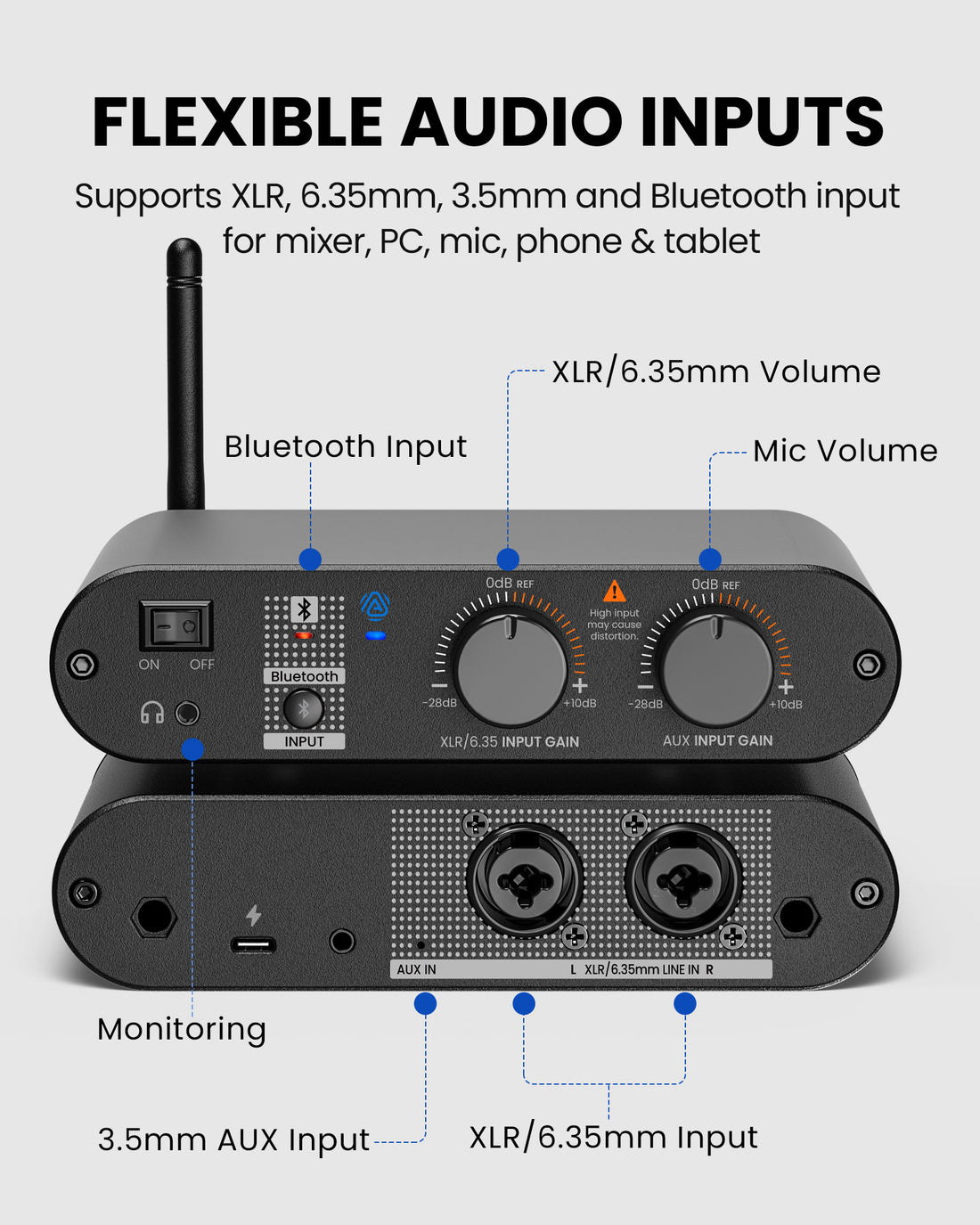 AirCast Long-Range Professional Venue Auracast Transmitter for Hearing Aids, features XLR, 6.35mm, AUX, Bluetooth, and independent mic/background volume control.