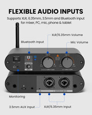 AirCast Long-Range Professional Venue Auracast Transmitter for Hearing Aids, features XLR, 6.35mm, AUX, Bluetooth, and independent mic/background volume control.
