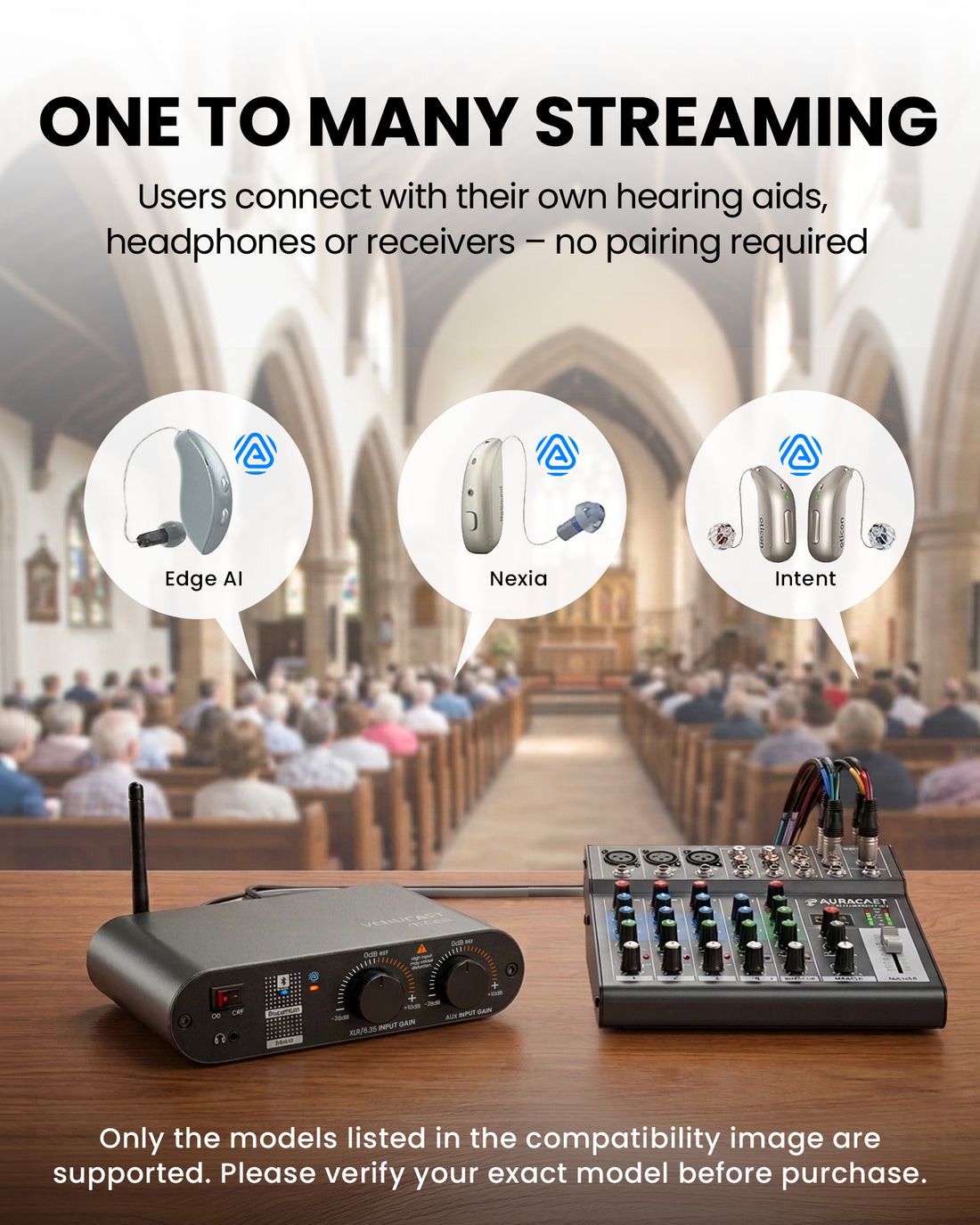 AirCast Long-Range Professional Venue Auracast Transmitter for Hearing Aids, supports Auracast BYOD  hearing aids, receivers, and headphones with no pairing required.
