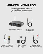 AirCast Long-Range Professional Venue Auracast Transmitter for Hearing Aids, includes transmitter and setup cables for installation.