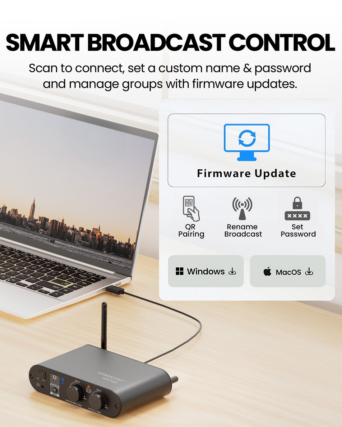 AirCast Long-Range Professional Venue Auracast Transmitter for Hearing Aids, smart broadcast control with QR access, name, password, and settings management.