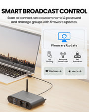 AirCast Long-Range Professional Venue Auracast Transmitter for Hearing Aids, smart broadcast control with QR access, name, password, and settings management.