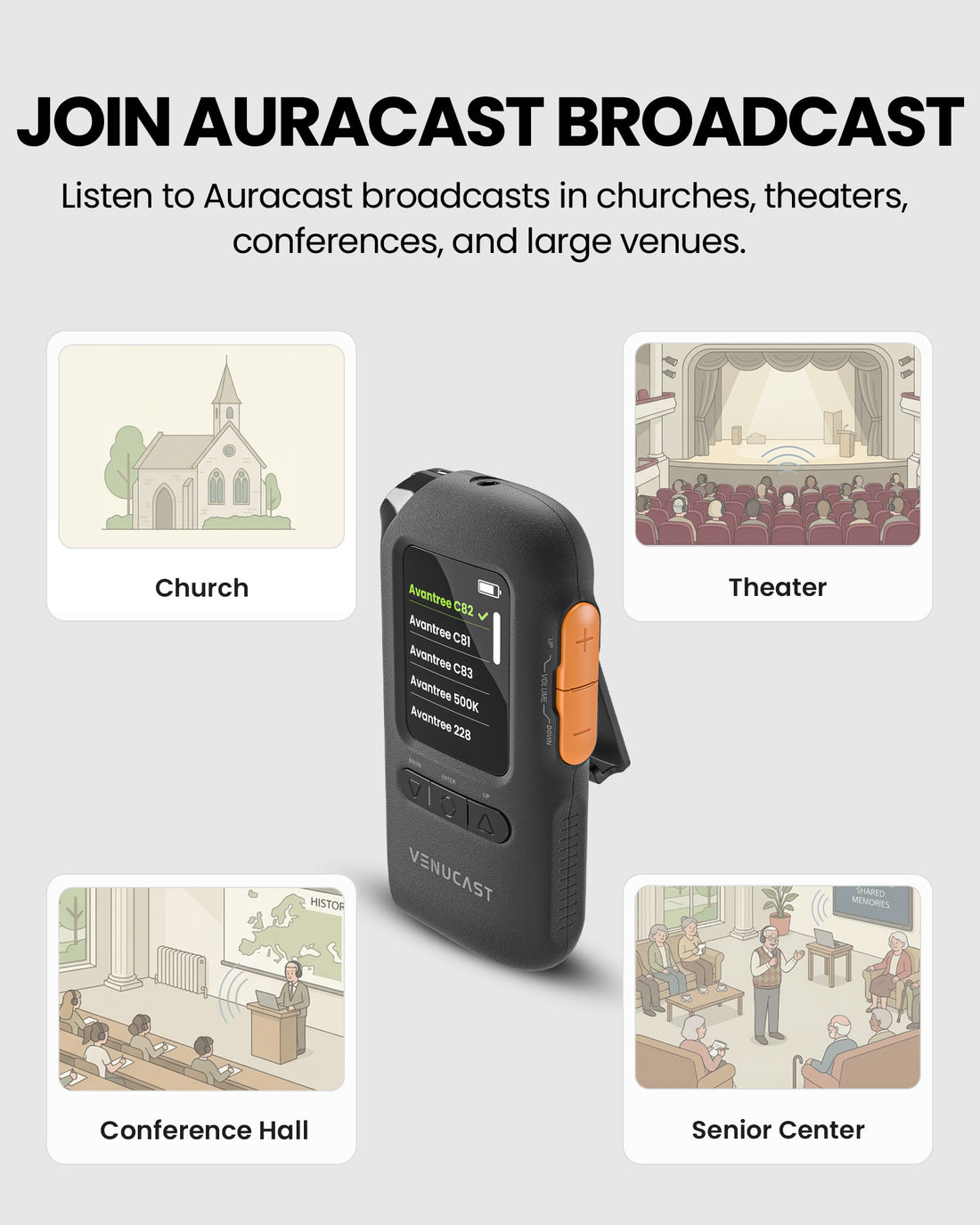 AuraView Auracast Receiver with OLED Display for churches, classrooms, conferences, theaters, and senior centers with clear Auracast broadcast audio.