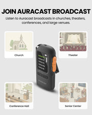 AuraView Auracast Receiver with OLED Display for churches, classrooms, conferences, theaters, and senior centers with clear Auracast broadcast audio.