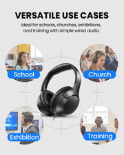 Wired over-ear headphones with 3.5mm jack for schools, tours, training, exhibitions, and shared environments, plug-and-play, multi-scene listening.