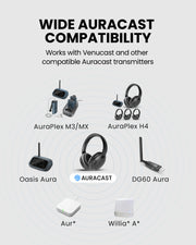 Aura Aria 4 Pro Auracast Headphones for churches, theaters, classrooms, and meetings, compatible with Venucast transmitters and receivers.