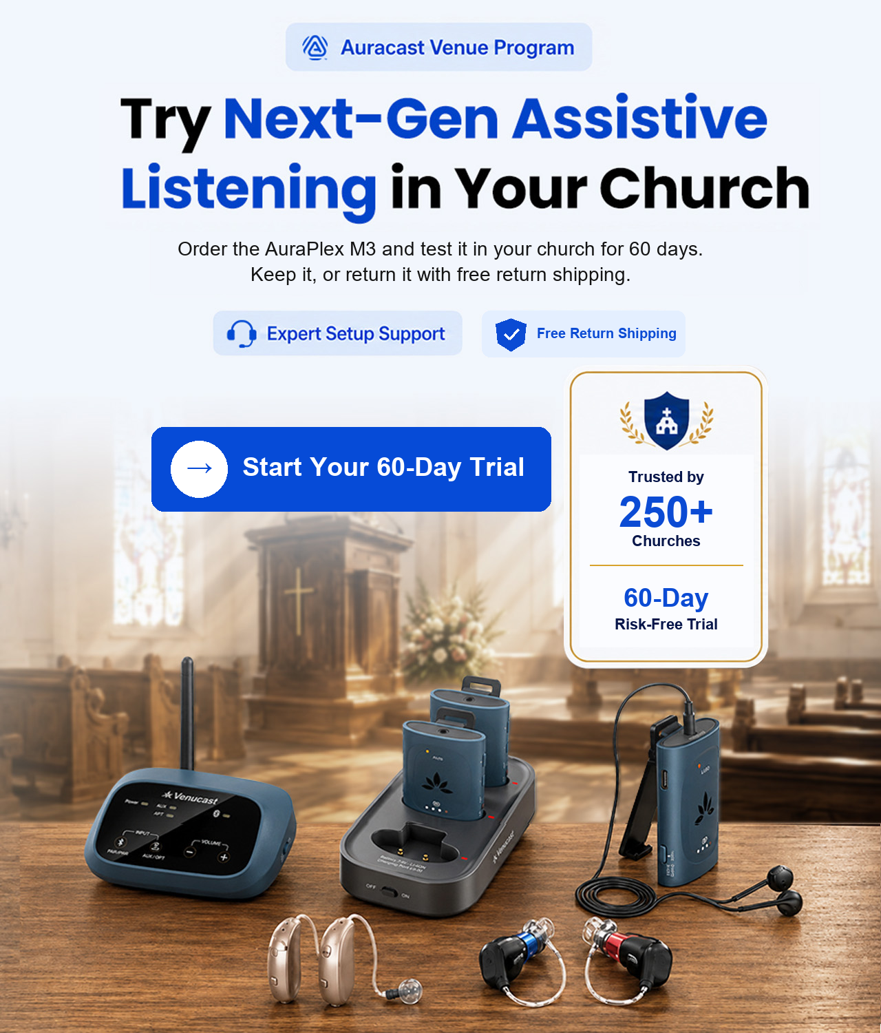 Try next-generation assistive listening in your church with the AuraPlex M3. Trusted by 250-plus churches, with expert setup support and free return shipping.