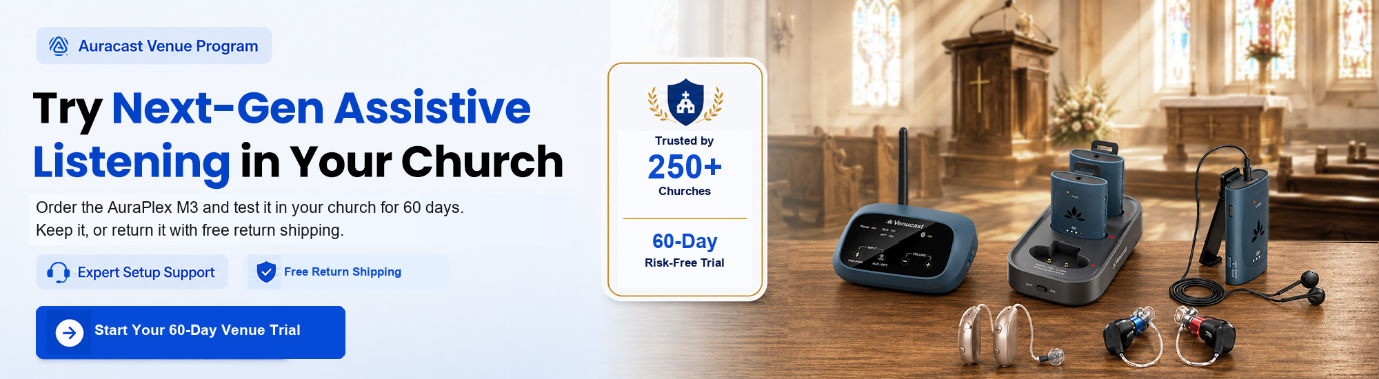 Try next-generation assistive listening in your church with the AuraPlex M3. Trusted by 250-plus churches, with expert setup support and free return shipping.