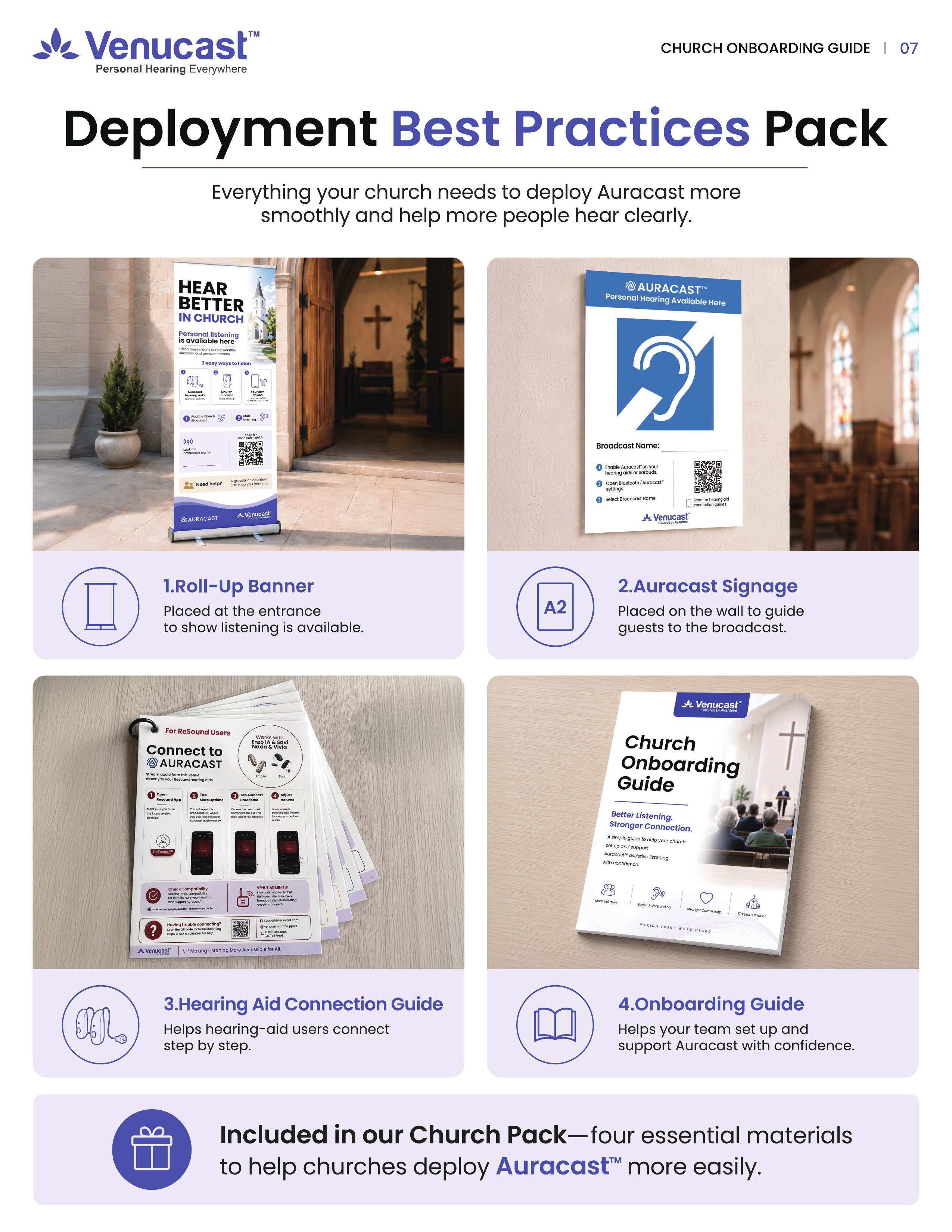 Venucast Church Deployment Best Practices Pack with roll-up banner, Auracast signage, hearing aid connection guide, and onboarding guide