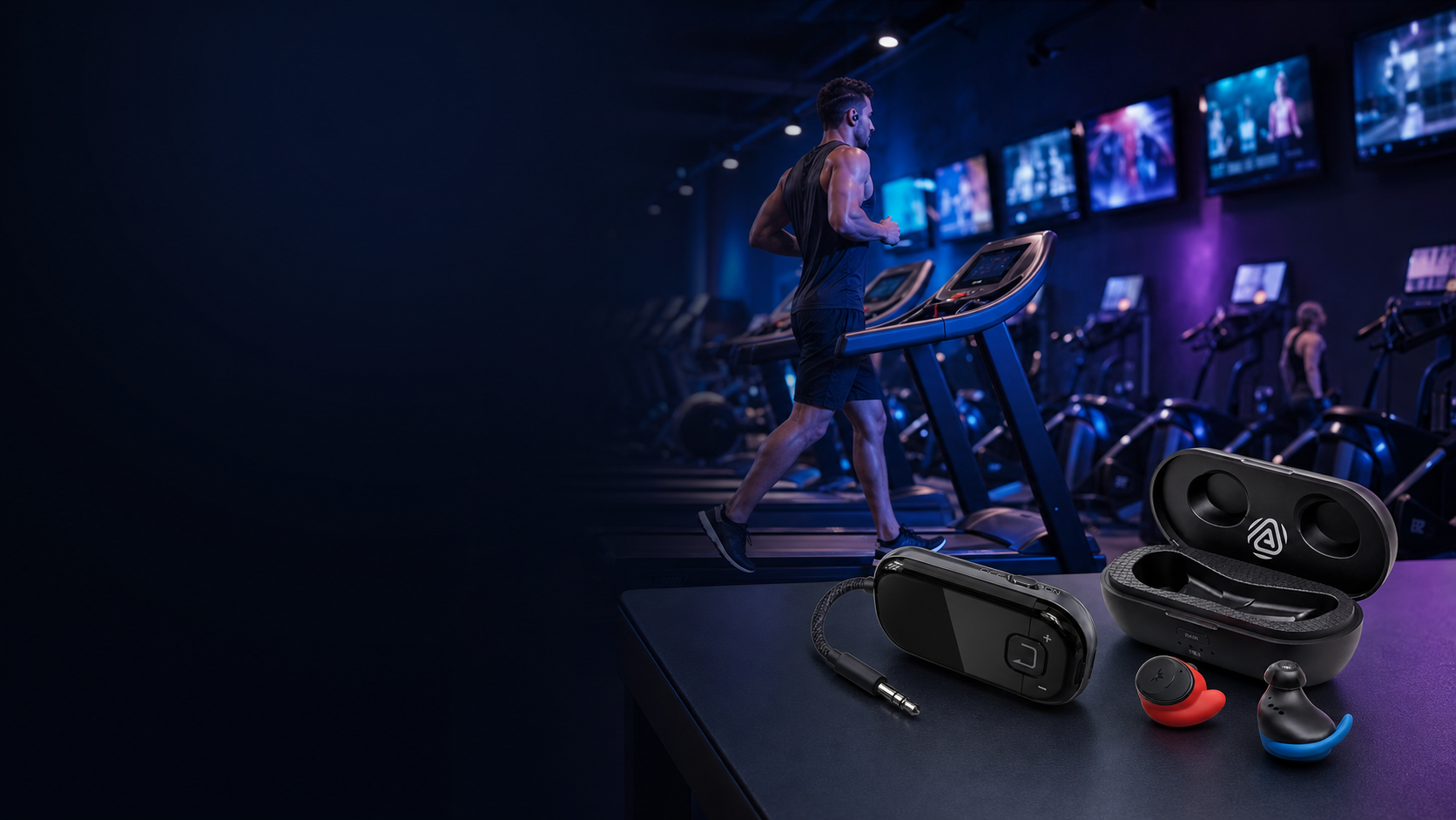 Gym cardio floor with treadmills, TV screens, Voyager HA transmitter and Ace Aura sport earbuds