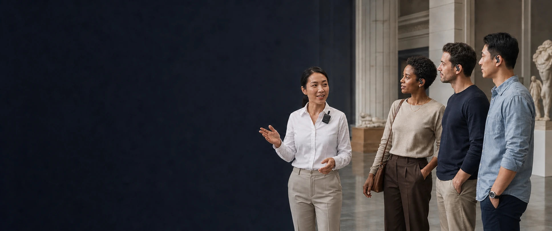 A museum guide using an AudiTour transmitter while visitors listen with open-ear receivers