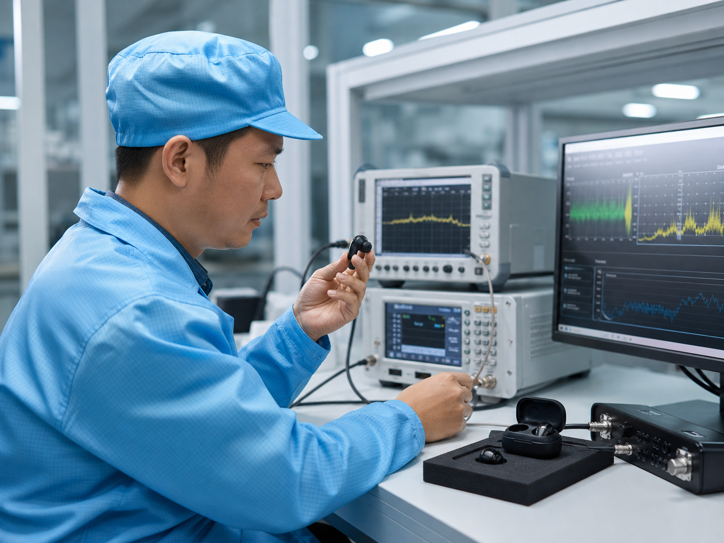 Quality-control technician testing an audio product