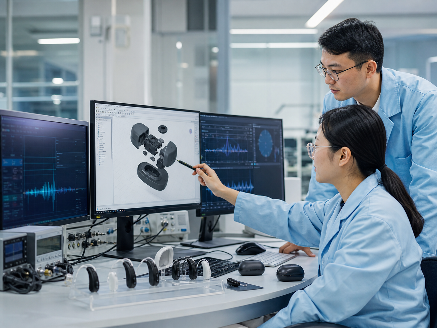Audio product engineers working in a research and development lab