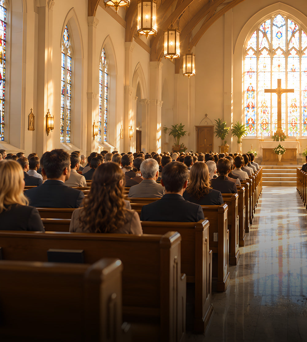 Church congregation in a bright sanctuary