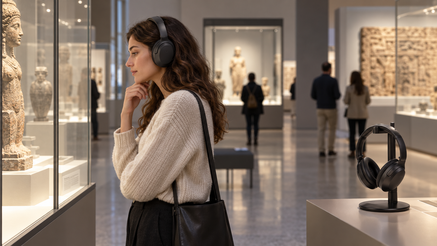 Museum visitor wearing Aria Aura T beside its charging stand